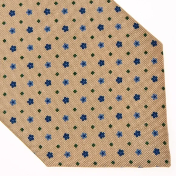 Drake's NWT Neck Tie Beige w/ Blue & Green Mini Floral / Geo Pattern 100% Silk